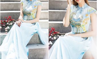 Áo dài cưới đẹp tay ngắn màu xanh dương pastel - Blog Marry