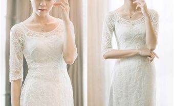 Áo dài cưới đẹp tay lỡ, cổ thuyền chất ren hoa nổi - Blog Marry